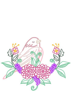 刺繍図案・ピンクの鳥と菊と植物