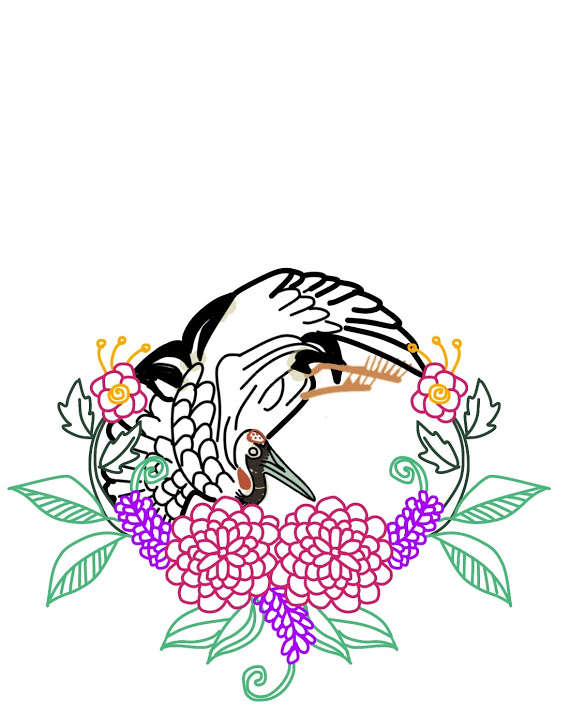 刺繍図案・鶴と菊