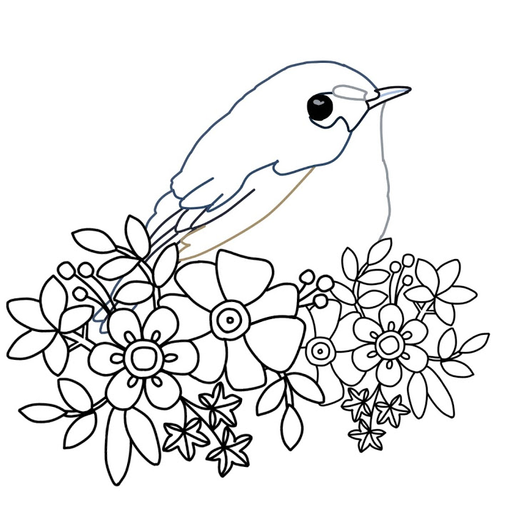 刺繍図案イラスト・花と小鳥と植物