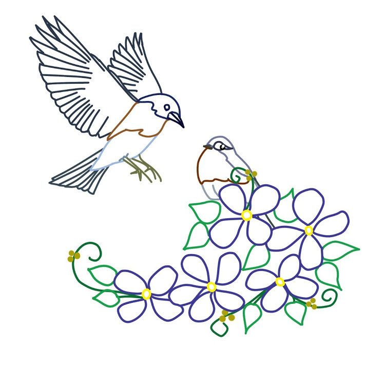 鳩と花と植物と刺繍図案イラスト練習