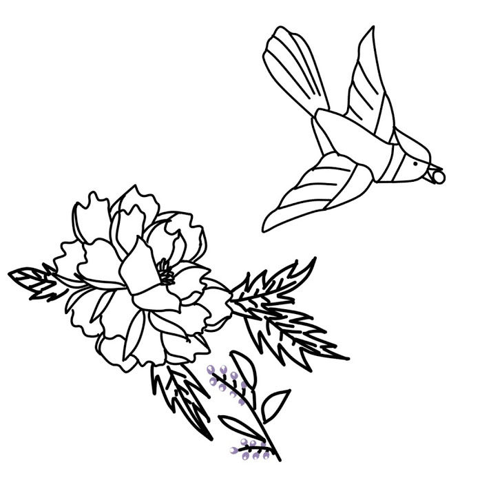 刺繍図案・赤い実と鳥と花