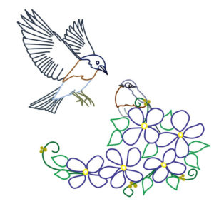 刺繍図案イラスト・青い鳥と青い花