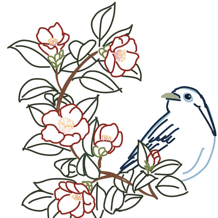 刺繍無料図案イラスト・青い鳥と椿の花